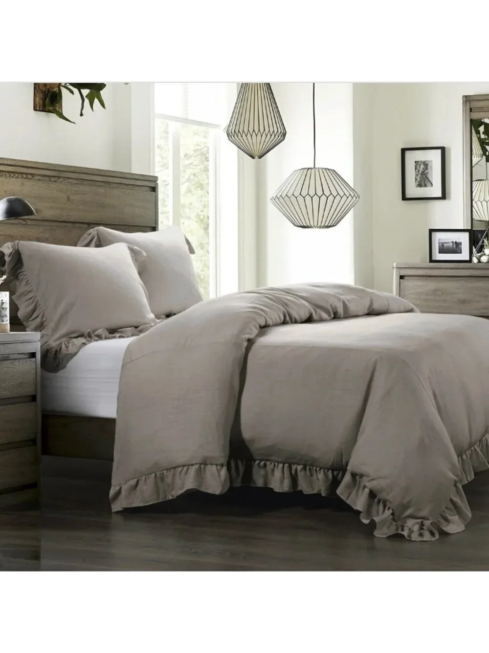 NWT Ruffle Duvet Cover Set King 3 PCs 100% Washed Cotton Gray Solid Bedding
